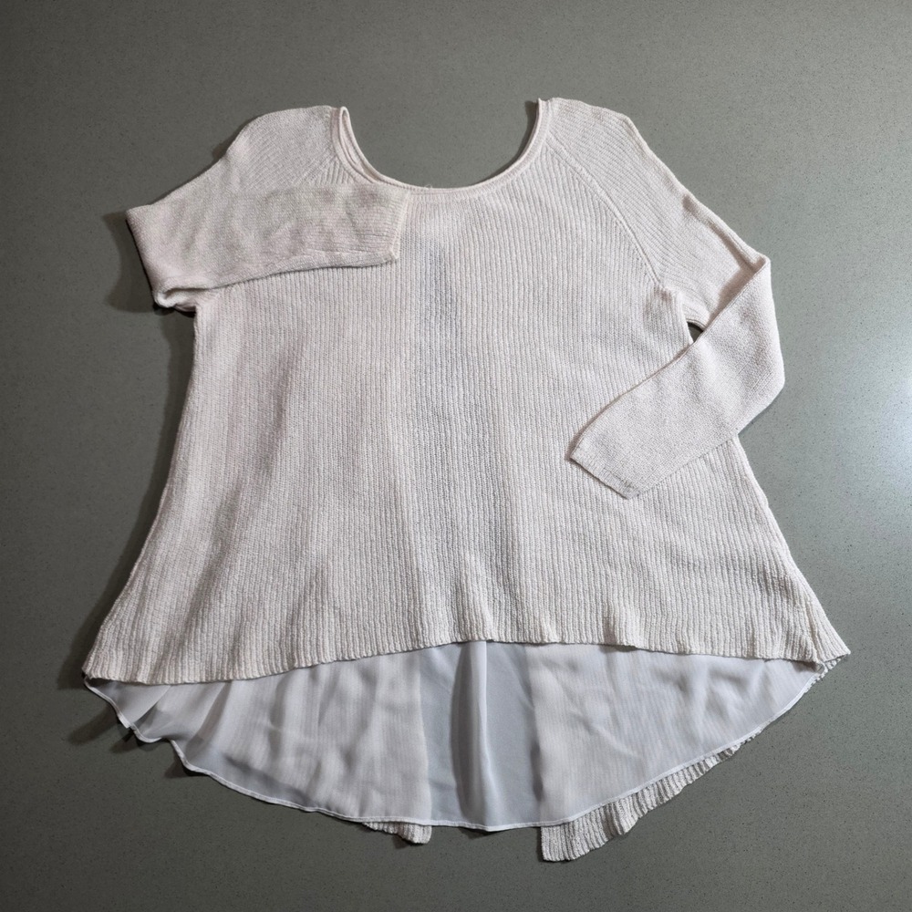 Moth Anthropologie Cream Mixed Media Chiffon Back High Low Sweater Medium
